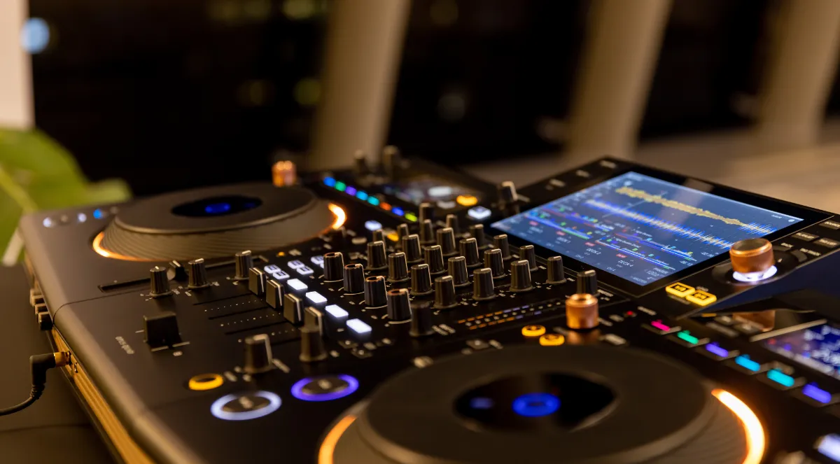 Vista lateral a ras de controladora dj donde se ve el deck derecho, la parte central de canales con la pantalla táctil y al fondo, que queda a la izquierda en la foto, la parte del deck izquierdo.